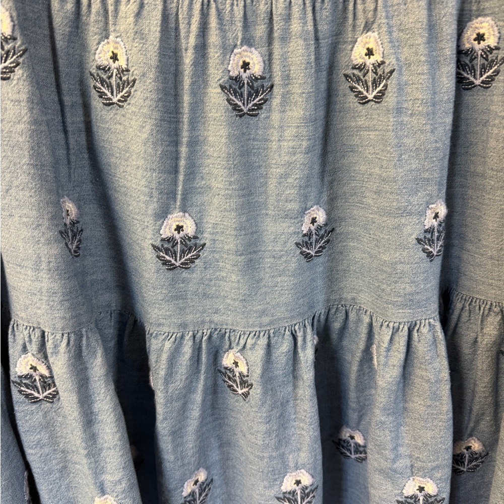 A Loves A Chambray Embroidered Ruffle Tiered Dress with Pockets | Size M | NWT - Picture 8 of 11